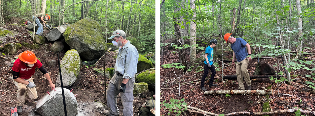 Bob Biddle and Willie Janeway split rocks while Peter looks on (left). Nate Lowrey and RTR volunteer Evelyn Aissa quarry (right).