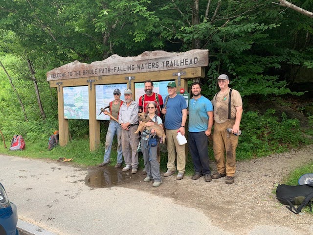 AMC Trail Crew Alumni after the Old Bridle Path Volunteer Day. From left to right: Bob Biddle, Peter Jensen, Willie Janeway, Ruth, Nate Lowrey, Marshall Pontrelli and Bob White.